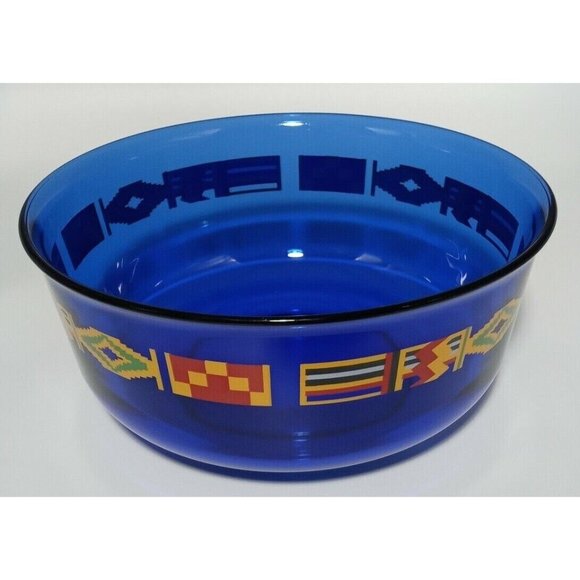 Arcoroc France Cobalt Blue Kente Flag Trim Serving Bowl Vintage Glass 8 3/4 inch - Picture 6 of 10